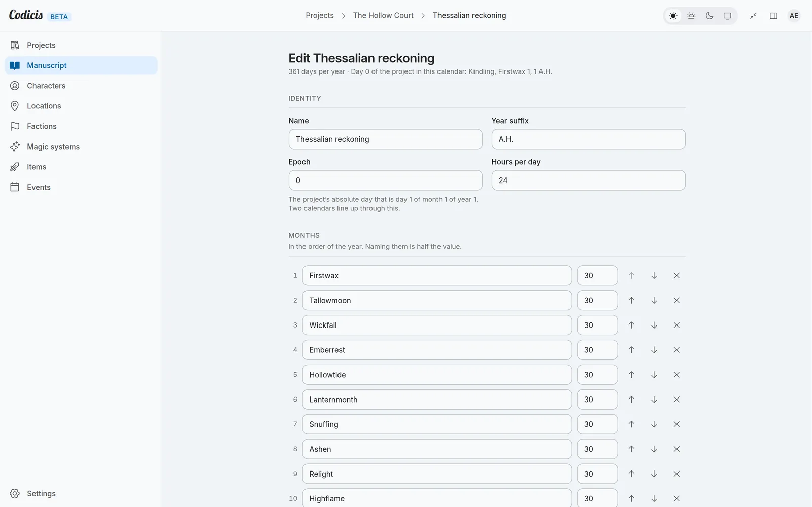 The calendar editor with custom month names, weekday names and an intercalary day.