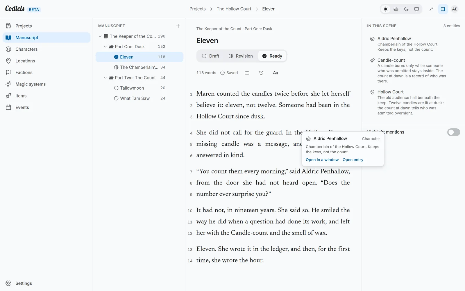 The Codicis editor showing a scene with highlighted mentions, an entry preview popover, and the inspector panel listing the entities present in the scene.