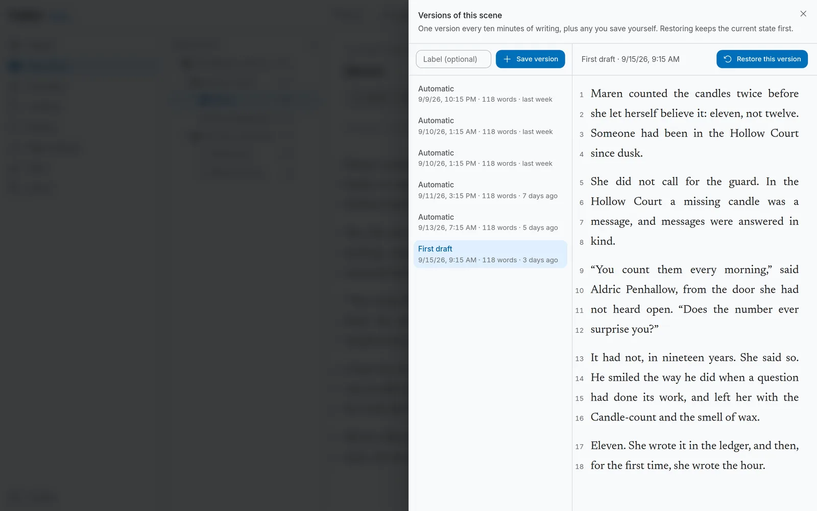 The version history panel listing automatic and named versions of a scene, with the selected version’s text shown beside them.